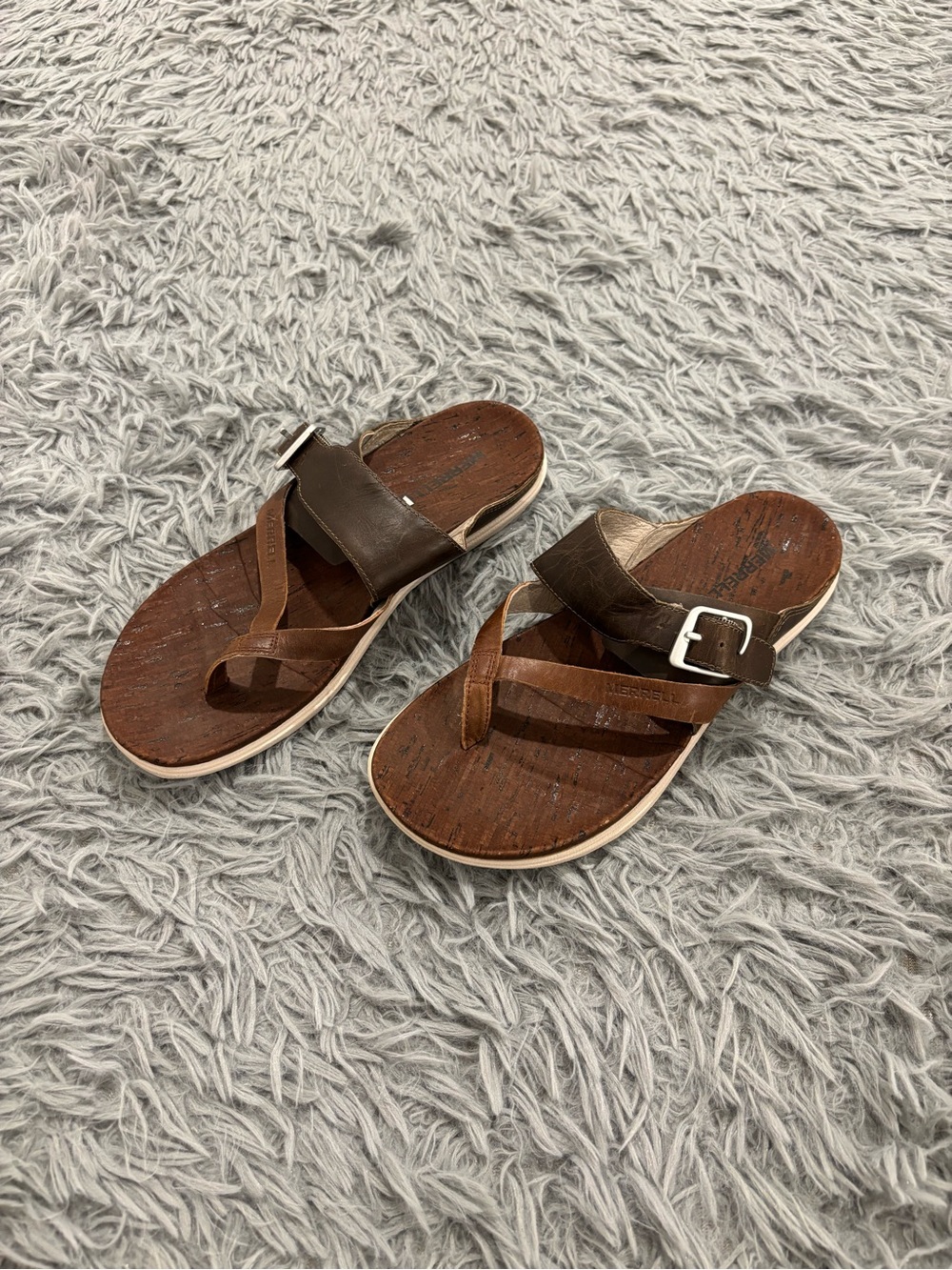 Merrell Women’s Brown Around Town Leather Thong Buckle Slide Sandals Size US 8